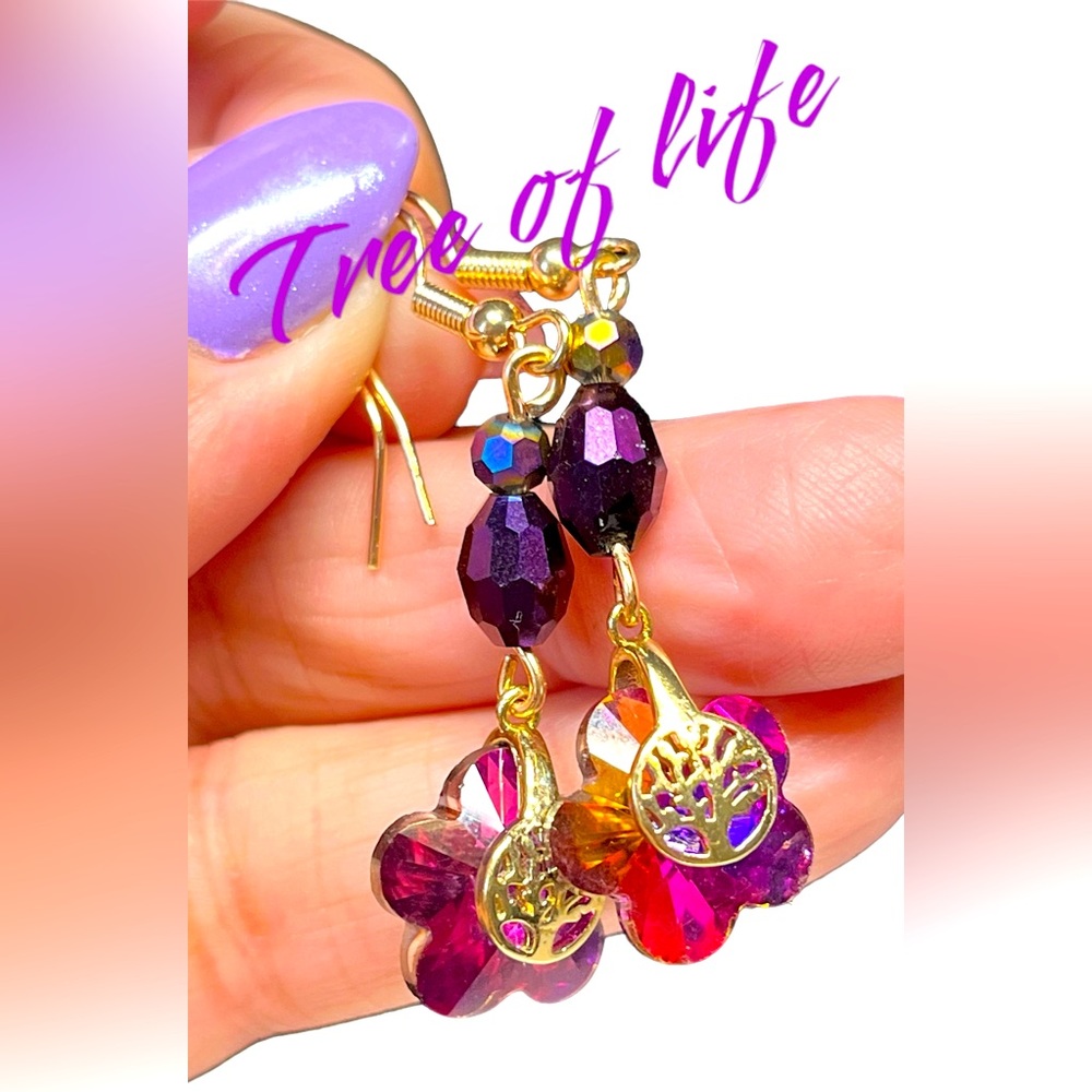 Long dangly earrings with tree of life charms NWT